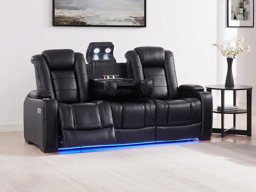 THSUPER Black Leather Power Recliner Sofa Loveseat Sets with Arm Storage and Power Headrest, Leather Living Room Reclining Sofa and Loveseat Set with Cup Holders and Bluetooth Speaker. | Breathable material, LED ambient light, Reading light, Hidden outlet, USB and Type-C port