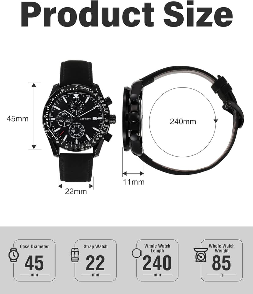 Casotime Men's Leather Band Chronograph Watch - 30M Waterproof Big Face Analog Quartz Date - Work Sport Casual Classical Fashion Designer Dress Wrist Watch - Elegant Gift for Men
