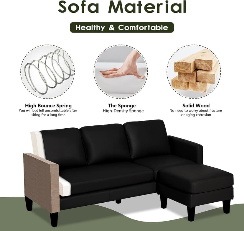 USSerenaY Faux Leather Sectional Couch, L Shaped Sofa with 3 Seater Couch and Reversible Chaise Convertible PU Leather Comfy Couches for Living Room (Black)