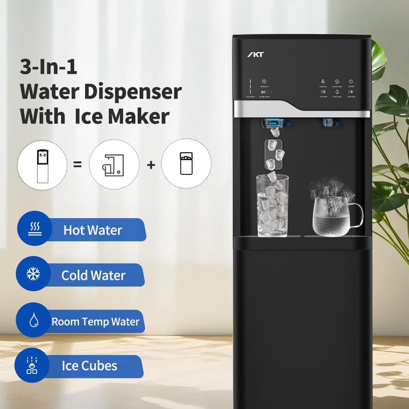 IKT Hot and Cold Water Cooler Built in Ice Maker Bottom Loading 5 Gallon, Bullet Ice 22lbs Per Day, LED Display, for Home or Office Black