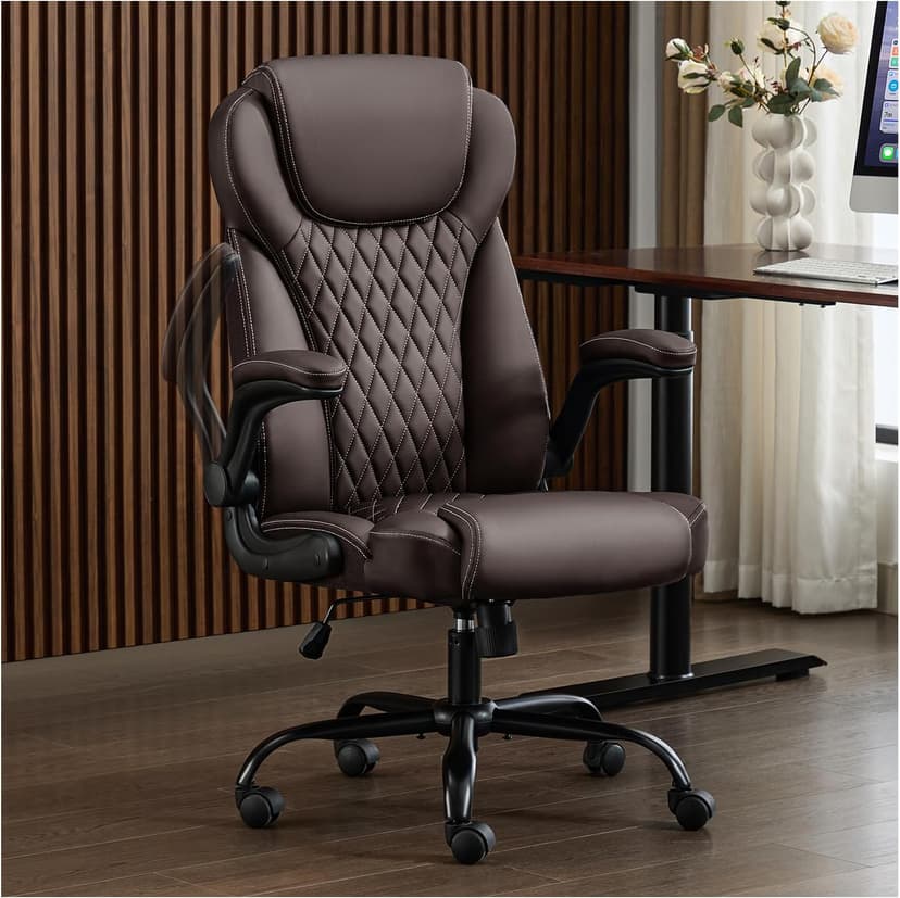 amseatec Office Chair, Executive PU Leather Chair, Ergonomic Computer Desk Chair with Lumbar Support and Adjustable Flip-Up Arms, Rocking Task Chair (Brow