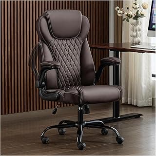 amseatec Office Chair, Executive PU Leather Chair, Ergonomic Computer Desk Chair with Lumbar Support and Adjustable Flip-Up Arms, Rocking Task Chair (Brow