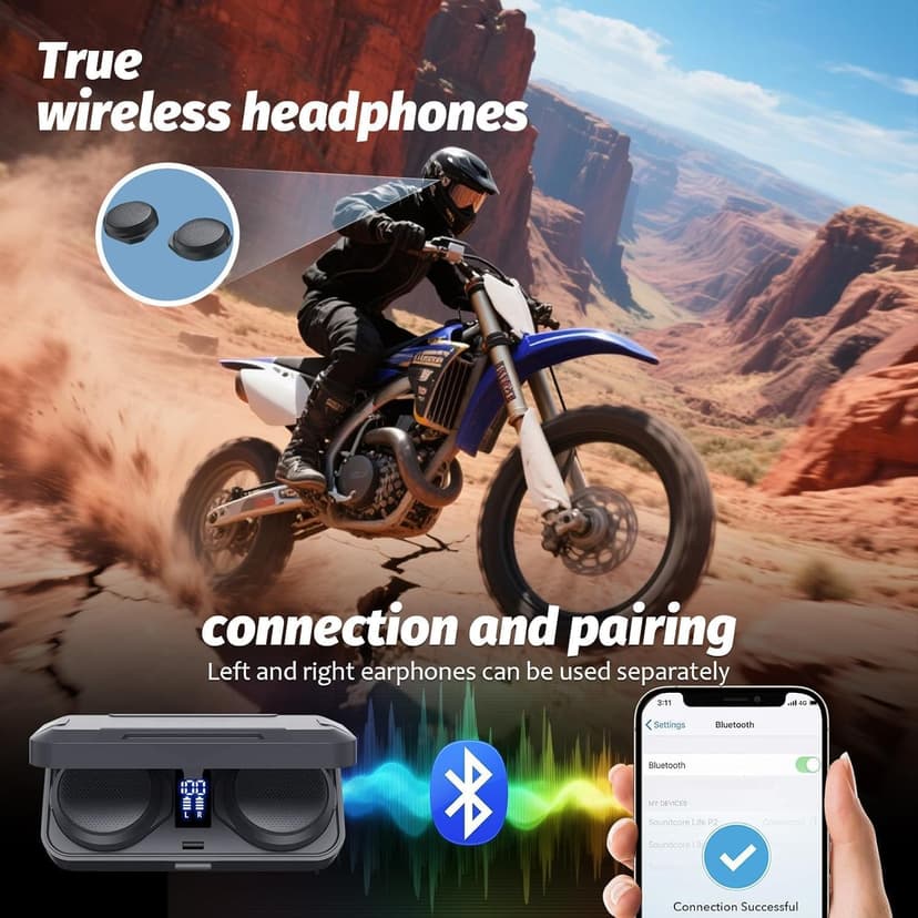 Motorcycle Bluetooth Headset with Charging Case, Helmet Bluetooth Speaker with Microphones & Remote Control, 1900mAh Battery, 50Hours Work Time, True Wireless Headsets for Riding and Skiing