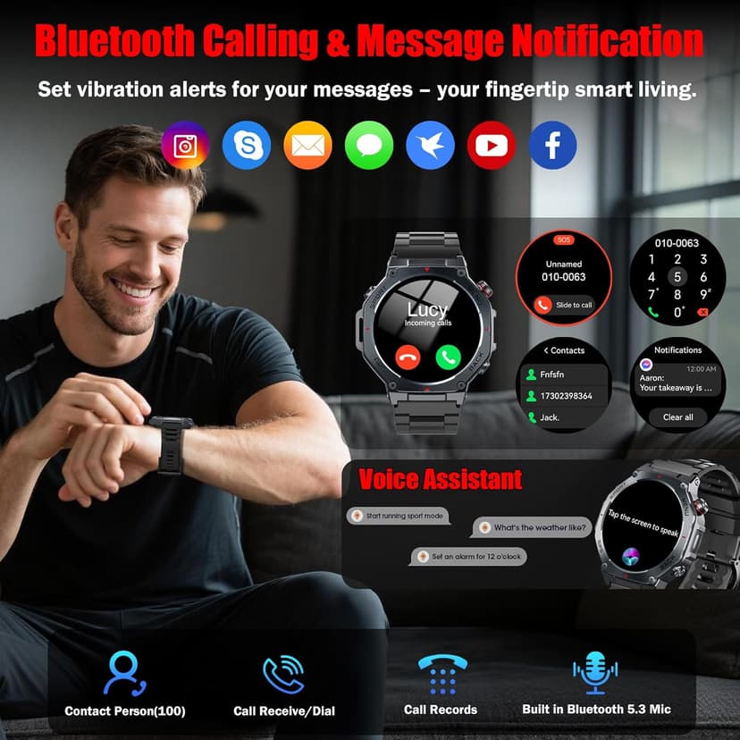 Military Smart Watch for Men Built-in GPS with LED Flashlight Compass, 1.43" AMOLED Display 5ATM Waterproof Fitness Tracker with Heart Rate/Sleep/Blood Pressure, Watches for Android/iPhone, Black
