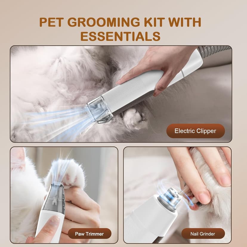 Dog Grooming Vacuum, Dog Grooming Kit with Pet Clipper Nail Grinder, 6 Pet Grooming Tools (Caramel)