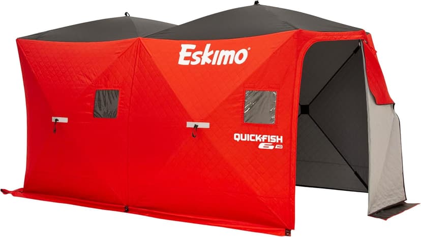 Eskimo QuickFish™ 6HD, Pop-Up Portable Shelter, No-Trip Door, Red/Black, Fully Insulated, Deluxe Ice Anchors, Six Person, Ice Fishing Shelter, 46076