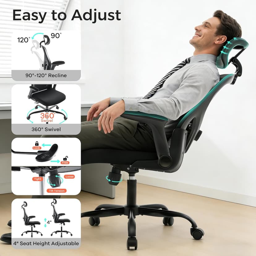 Office Chair,Ergonomic Office Desk Chair with 2D Adjustable Lumbar Support,3D Headrest,2D Arms,330LBS High Back Mesh Computer Home Office Chairs Rolling Tilting Swivel Executive Chairs Black