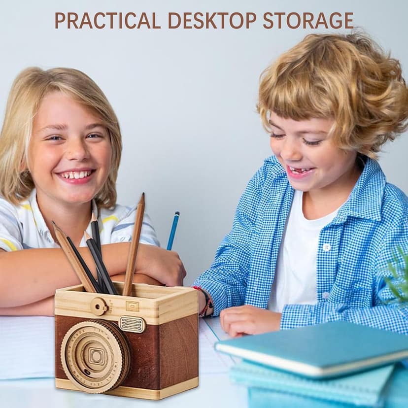 Vintage Wooden Camera Pencil Holder – Retro Desk Organizer for Pens & Stationery, Unique Photography Gift for Photographers, Creative Wooden Pen Holder for Office & Home Decor (Double slot) B0F4R7Z3M2