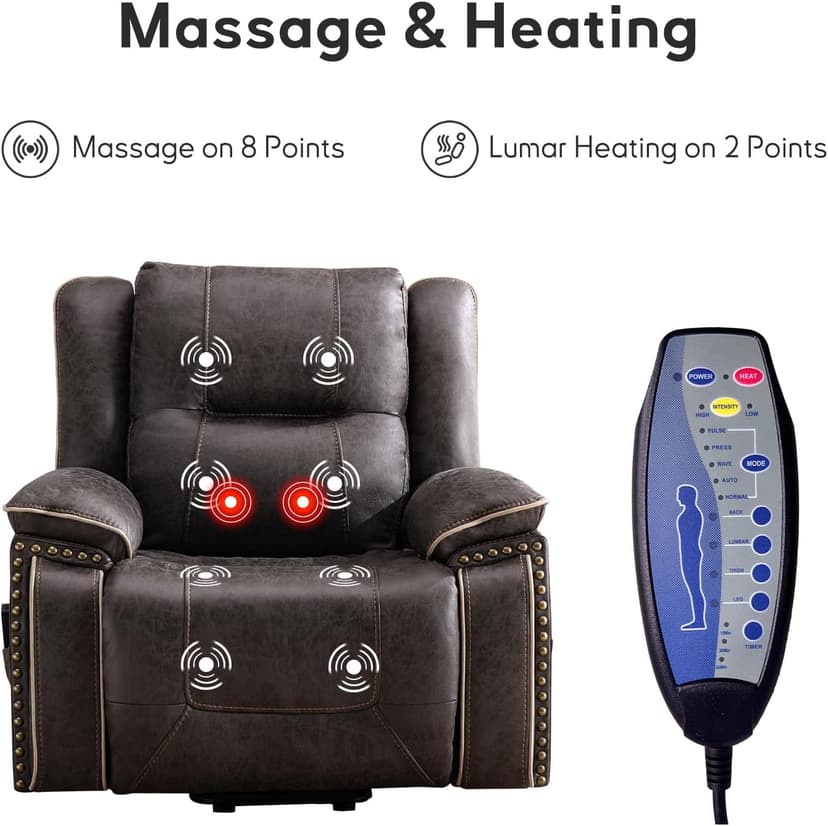 Bonzy Home Power Lift Recliner Chair for Elderly with Massage and Heating, Dual Motor Faux Leather Lift Chair with Spacious Seat, 2 Cup Holders, Adjustable Headrest (Grey Brown)