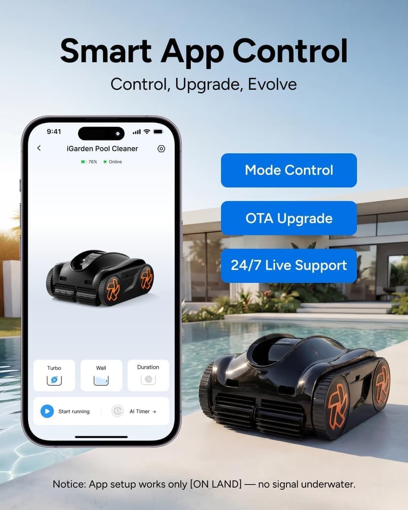 iGarden 4-in-1 Robotic Pool Cleaner, 3.6H Cordless Pool Vacuum for Inground & Above Ground Pools, Touchscreen & APP Control, Smart Navigation & Self-Parking, Cleaning Floor, Wall & Waterline, Black