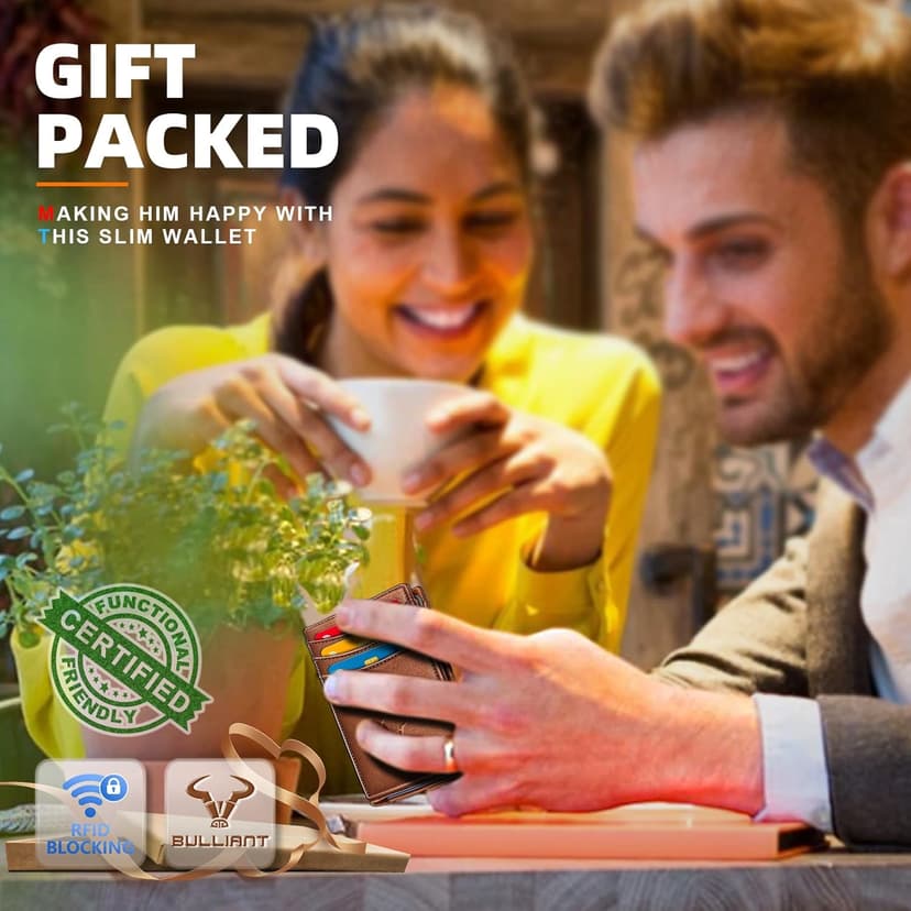 BULLIANT Magnetic Closure Slim Wallet-Genuine Leather Front Pocket Wallet for Men,RFID Blocking,Holds 12 Cards and Money Clip