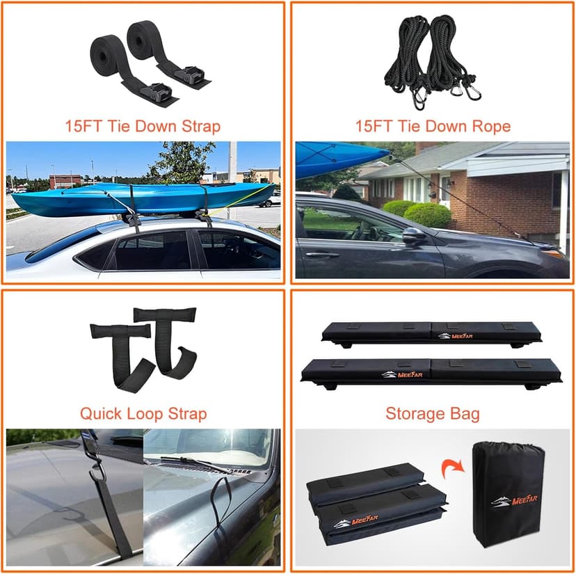 MeeFar Universal Car Soft Roof Rack Pads Luggage Carrier Rack for Kayak Surfboard SUP Canoe Include 2 Heavy Duty Tie Down Straps, 2 Tie Down Rope, 2 Quick Loop Strap