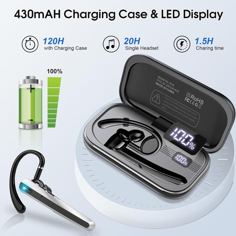 Atheewon Bluetooth Headset V5.3, Wireless Headset with ENC Noise Canceling Mic, 120Hrs Talk Single-Ear Bluetooth Earpiece, LED Display, IP7 Waterproof Hand-Free Earphone for Business/Trucker/Driver