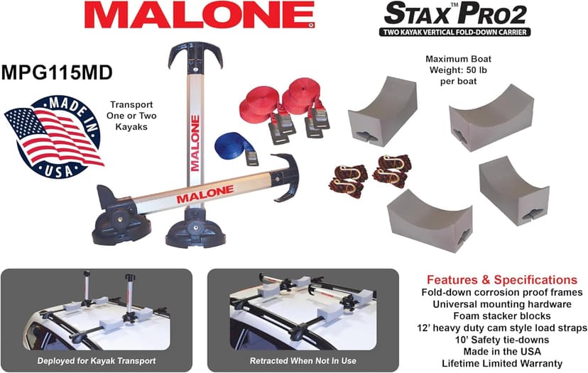 Malone Stax Pro2 Universal Car Rack Folding Kayak Carrier (2 Boat Carrier)