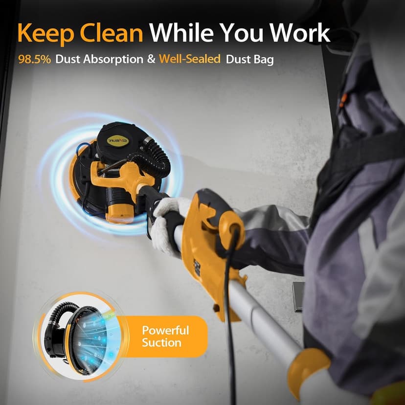 GEVEELIFE Drywall Sander, 880W 7.33A Electric Drywall Sander with Vacuum Dust Collector, 5 Variable Speed 1000-2100RPM, LED Light, Foldable & Extendable Handle, 12 Sanding Discs (Dark Orange)