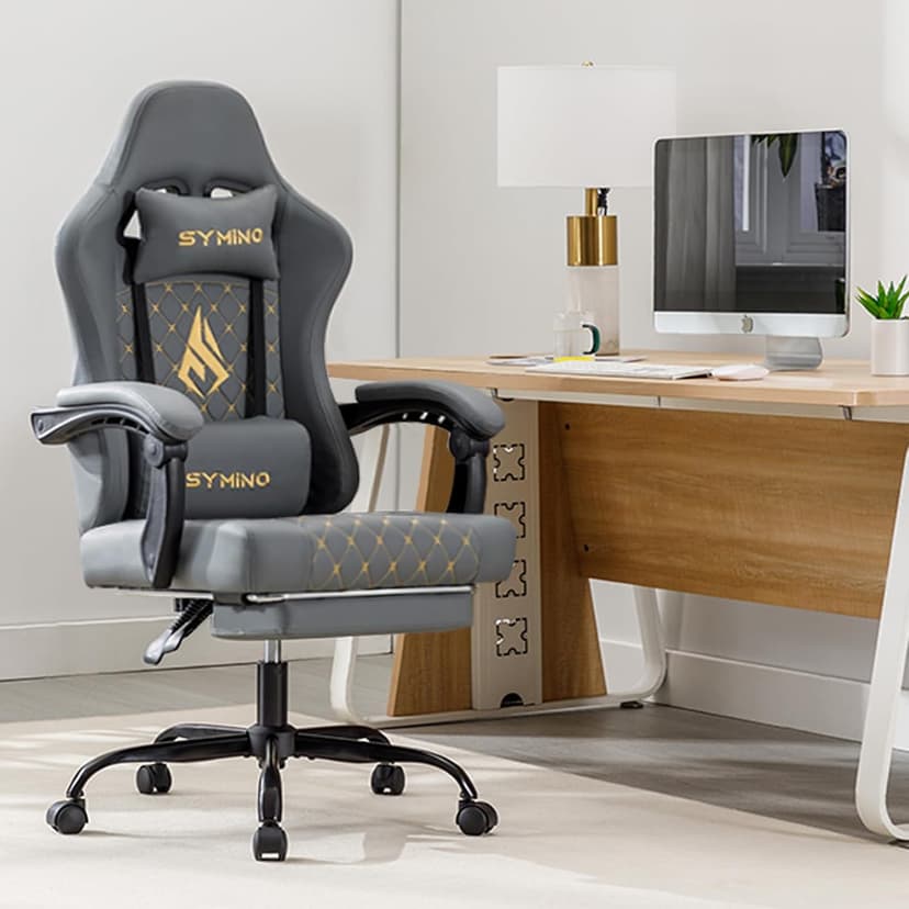 Symino Gaming Chair with Footrest, Linkage Armrests & 10cm Thick Seat, PU Leather Ergonomic Computer Chair, 150° Recline Office Chair, Grey