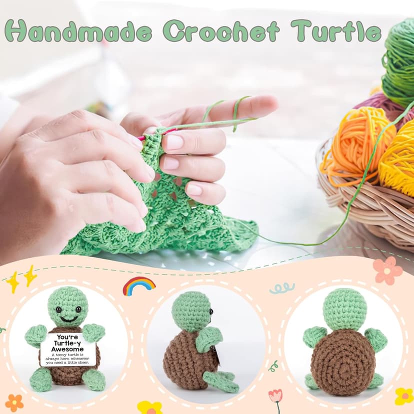 Mini Funny Turtle Birthday Gifts for Women Men Christmas, Retirement Bosses Day Gifts, Inspirational Small Animals Cute Stuff Things, Handmade Emotional Positive Crochet Turtle Decorations