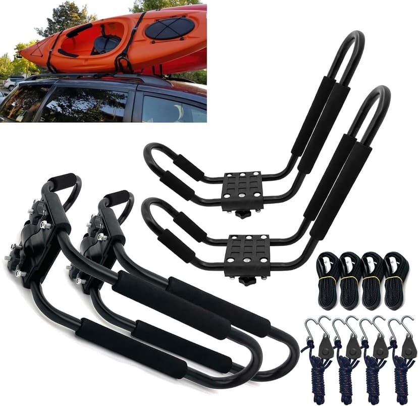 Taelakeni 2 Pairs Kayak Carrier Racks, Universal Cars Kayak Roof J Bar Rack (1 Pair) (1 Pair) (2 Pairs with 10ft S-Hook)