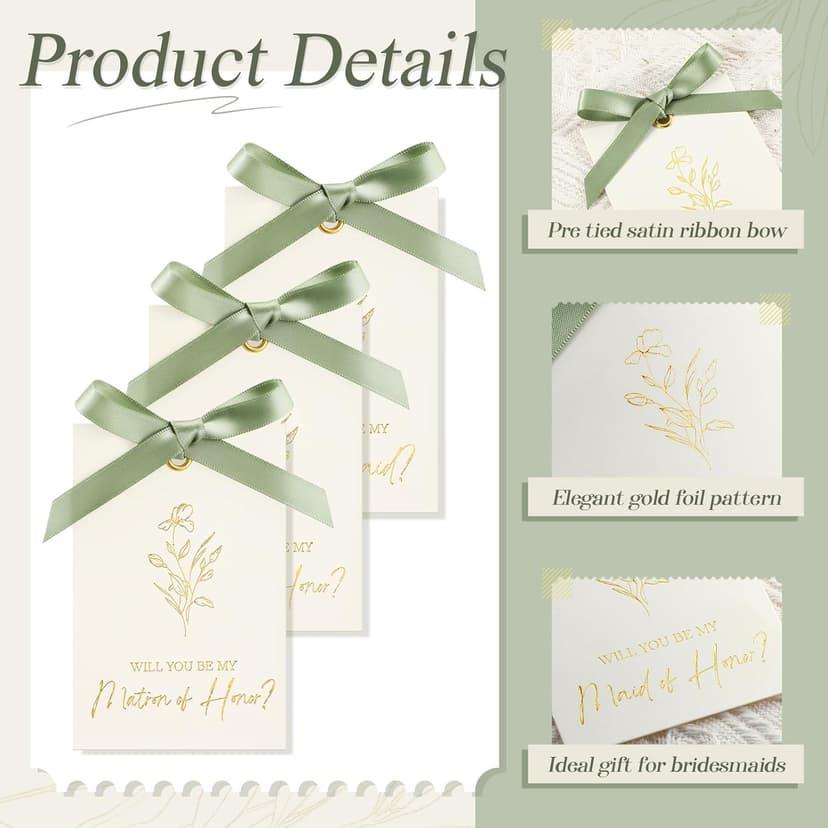 11 Pcs Bridesmaid Proposal Card with Ribbon Bow Floral Metallic Bridal Gift 8 Will You Be My Bridesmaid 2 Maid of Honor 1 Matron of Honor Invitation for Bridal Shower(White, Sage Green)