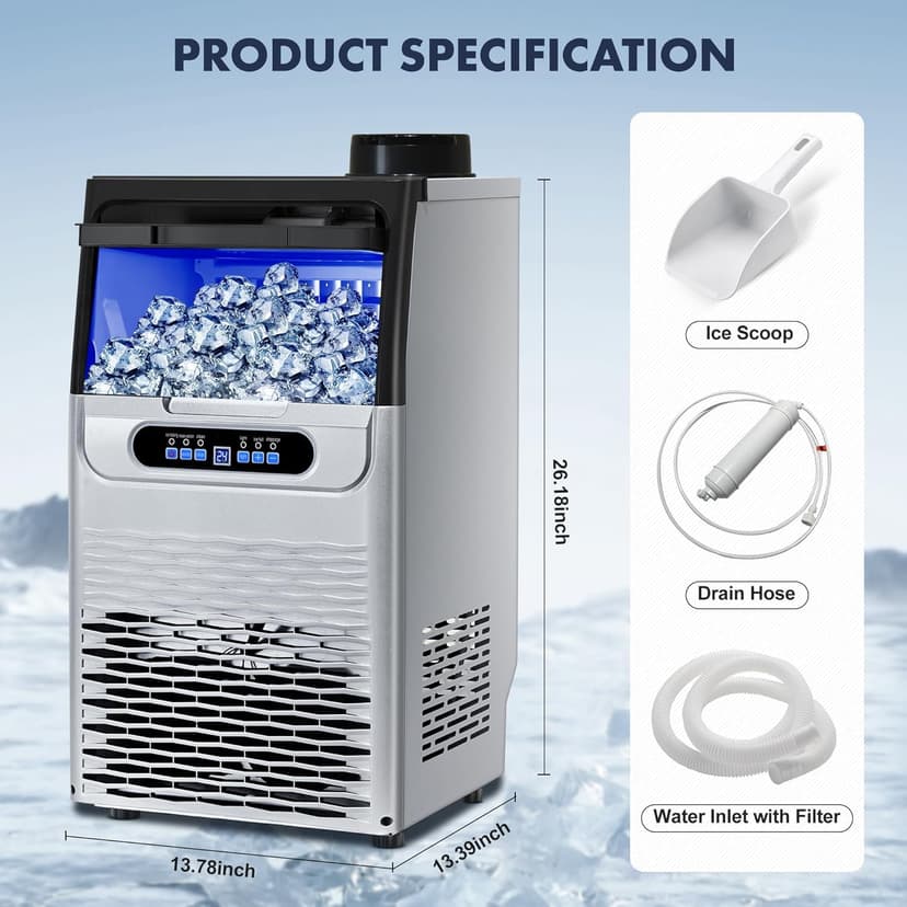 100LBS/24H Commercial Ice Maker Machine, Dual Water Inlet Under Counter or Freestanding Ice Machine, 36 Cubes/Cycle with 22LBS Storage for Home, Bar, Restaurant, Coffee Shop