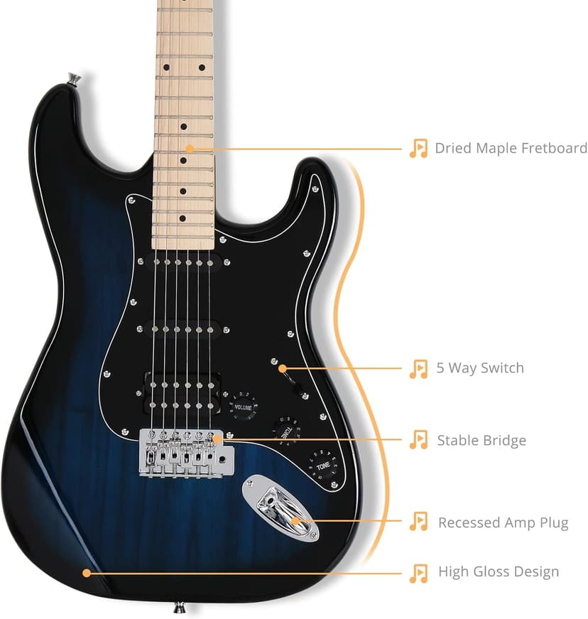 GLARRY 39" GST Series Electric Guitar Kit with Amp for Beginner Starter, HSS Pickups Full Size Guitar Included Digital Tuner, Strings, Picks, Tremolo Bar, Shoulder Strap, and Portable Case (Dark Blue)