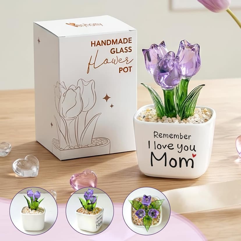 Remember I Love You Mom - Mom Birthday Gifts for Mothers - Collectible Flower Figurine Birthday Gifts for Mom from Daughter Son - Mini Purple Glass Tulip B0GTLL16WJ