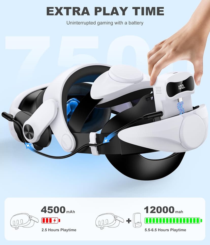 DXKK Battery Head Strap for Meta Quest 3/Quest 3s/Quest 2, VR Headset Strap with Soft Padding, Double Adjustment Dials Enhanced Comfort, Extra 3-4Hrs Playing Time