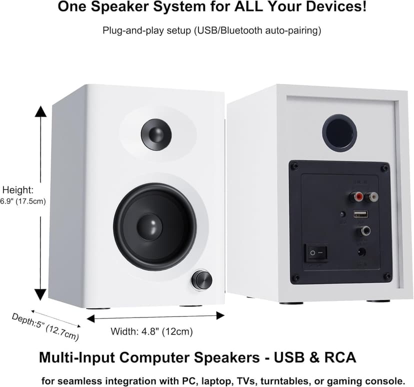Computer Speakers for Desktop PC, 60W Bluetooth 5.3 Stereo 2.0 System with Bass, Compact Powered Bookshelf Speakers for Office, Monitors, Laptop, Gaming, TV, Gifts (White, Pair)