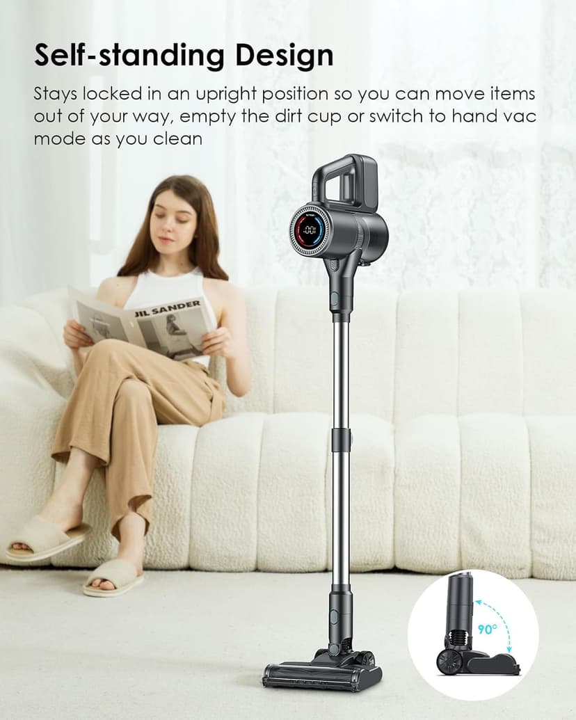 Cordless Vacuum Cleaner, 500W/40KPA Lightweight Stick Vacuum up to 40 mins Runtime, LED Display and Green Headlights, 6-Stages Filtration, Self-Standing Vacuum for Home Hard Floor, Carpet and Pet Hair