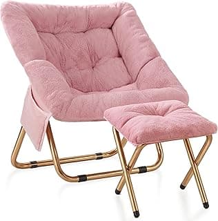 Kasunpul Comfy Saucer Chair, Foldable Living Room Chairs, Soft Faux Fur Lounge Chair for Bedroom, Reading Chairs for Adults, Teens, X-Large (Pink)