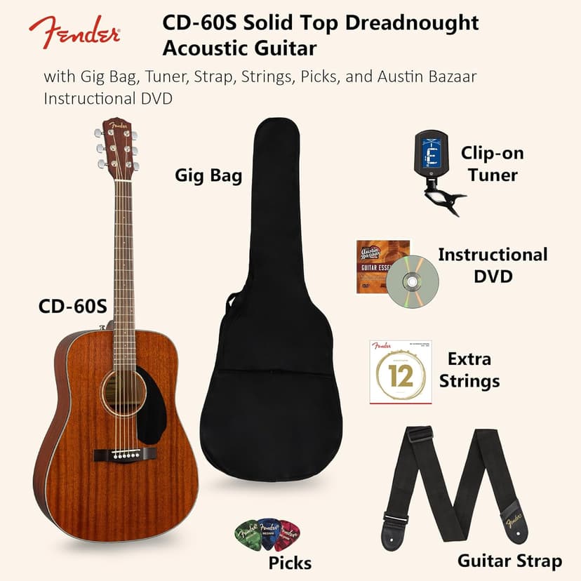 Fender CD-60S Solid Top Dreadnought Acoustic Guitar - All Mahogany Bundle with Gig Bag, Tuner, Strap, Strings, Picks, and Austin Bazaar Instructional DVD