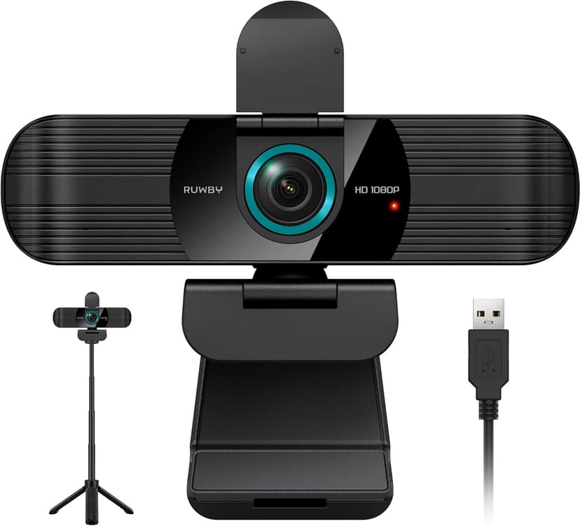 RUWBY Full HD 1080P Webcam with Built-in Dual Mics, Wide-Angle Lens, Privacy Cover, Tripod Stand, Autofocus Computer Camera, Plug and Play for Desktop PC or Laptop