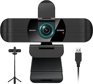 RUWBY Full HD 1080P Webcam with Built-in Dual Mics, Wide-Angle Lens, Privacy Cover, Tripod Stand, Autofocus Computer Camera, Plug and Play for Desktop PC or Laptop