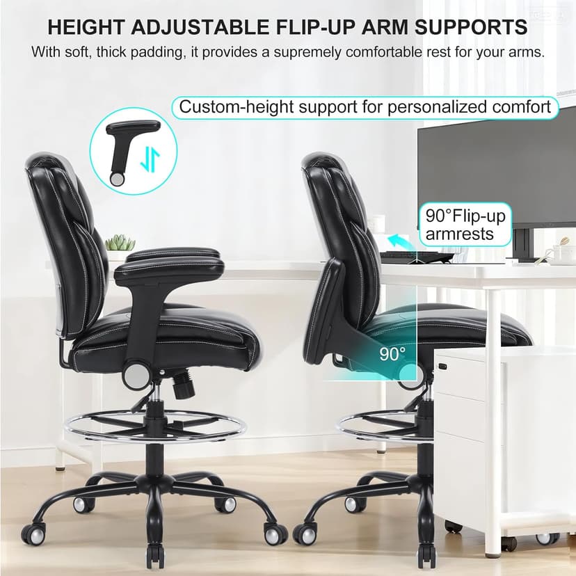 Drafting Chair, Tall Office Chair with Adjustable Armrests Mid-Back Standing Desk Chair with Footrest Ring, PU Leather High Executive Desk Chair Counter Height Office Chair for Home and Office, Black