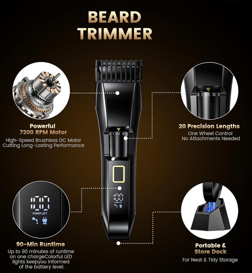 Men's Beard Trimmer-All-in-One Mustache Trimmer for Men with 20 Length Adjustable, Stainless Steel T-Blade for Precision Facial Hair Trimming Cordless IPX7 Waterproof Wet/Dry Clipper,LED Display