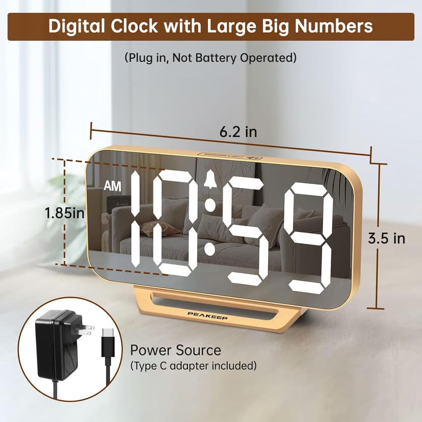 Peakeep Slim Digital Mirror Aesthetic Alarm Clock for Bedrooms Desk Decor - Plug in Electric Big LED Modern Small Clock for Office Living Room, Battery Backup, 6 Dimmers (Gold)