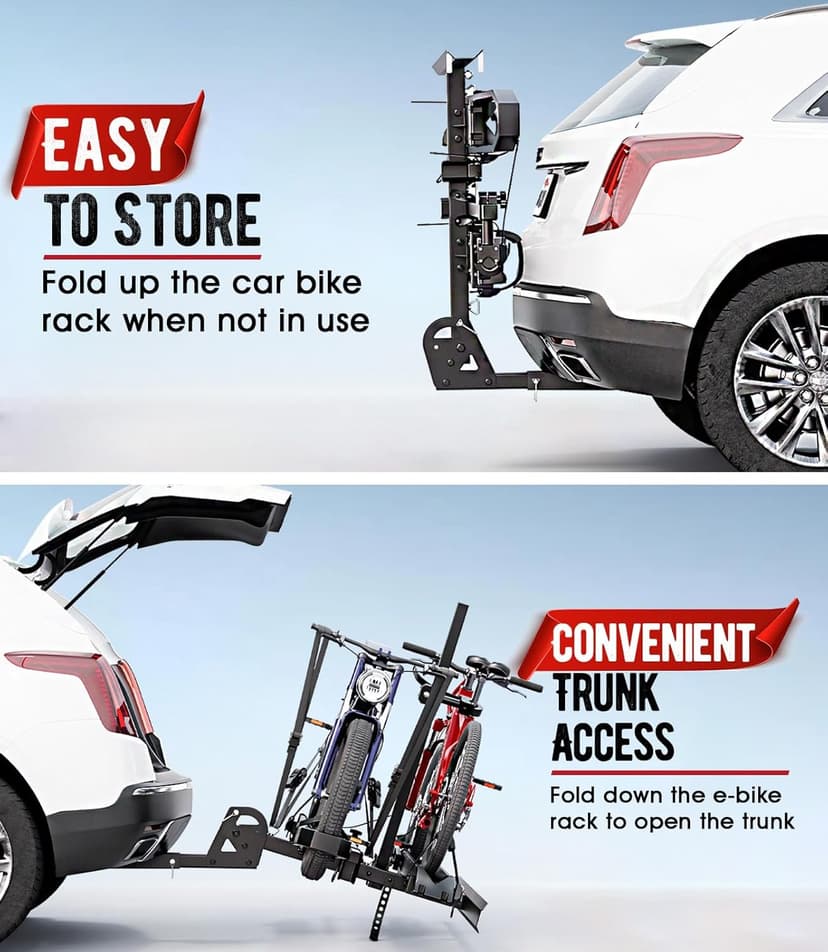 Ebike Rack with Ramp, Foldable Bike Rack for Tow Hitch, Heavy Duty Bike Carrier for 2 Fat Tire Bikes with 300LBS Load Capacity - Fits SUV, Truck, Trailer, RV