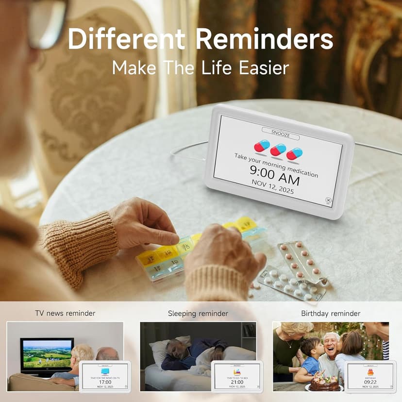 Raynic Date Clock, Digital Clock with 12 Themes, 20 Alarms, 20 Reminders, Semi-Automatic Dimming, 12/24 Hours, Auto DST for Desktop, Office, Students