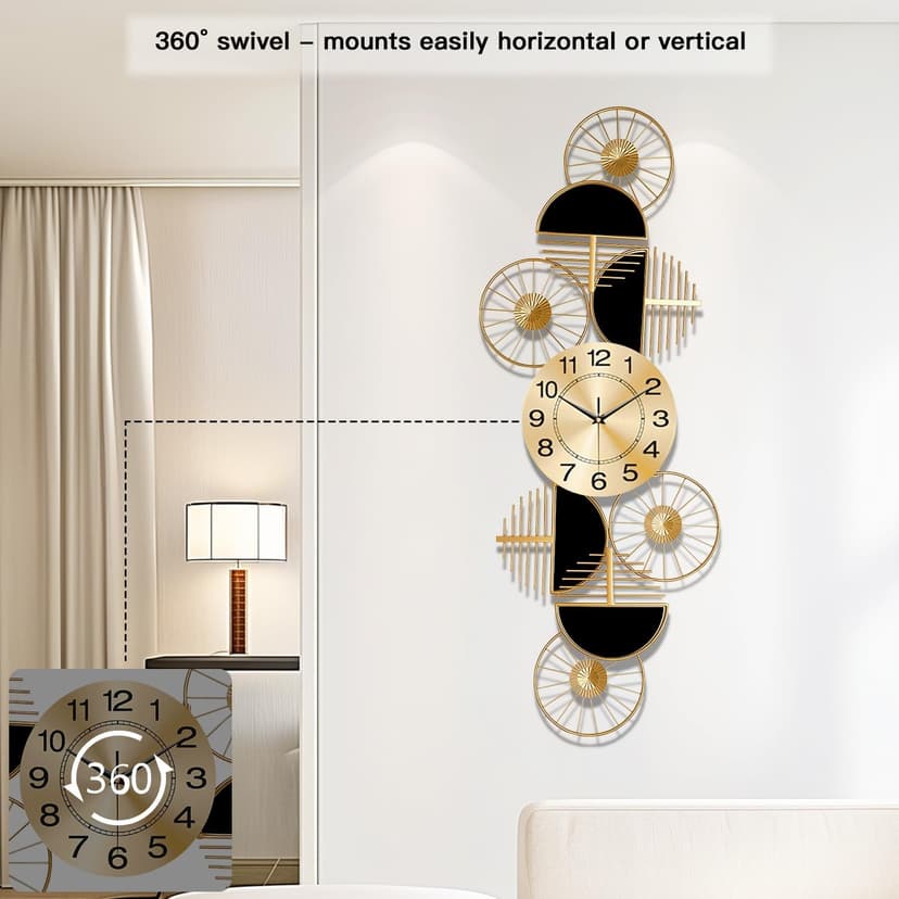 Large Wall Clock,Modern Silent Non-Ticking Metal Wall Art Wall Clocks Battery Operated, Horizontal or Vertical Hanging Clock for Living Room, Kitchen, Bedroom, or Office Wall Decor (40")