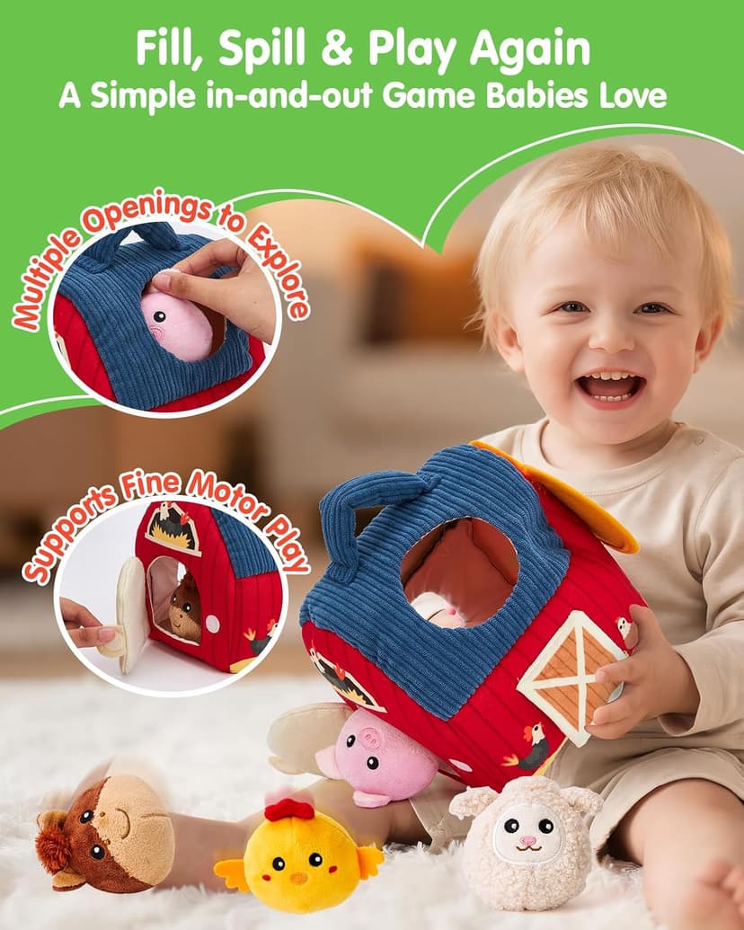 Baby Gifts Christmas Stocking Stuffers 6 Month Old Montessori Toys with Rattle, Crinkle, Texures, Mirror Infant Sensory Balls hahaland Baby Toys 6-12 Months - Surprise Barn Stuffed Farm Animals Plush B0CFX5H5MJ