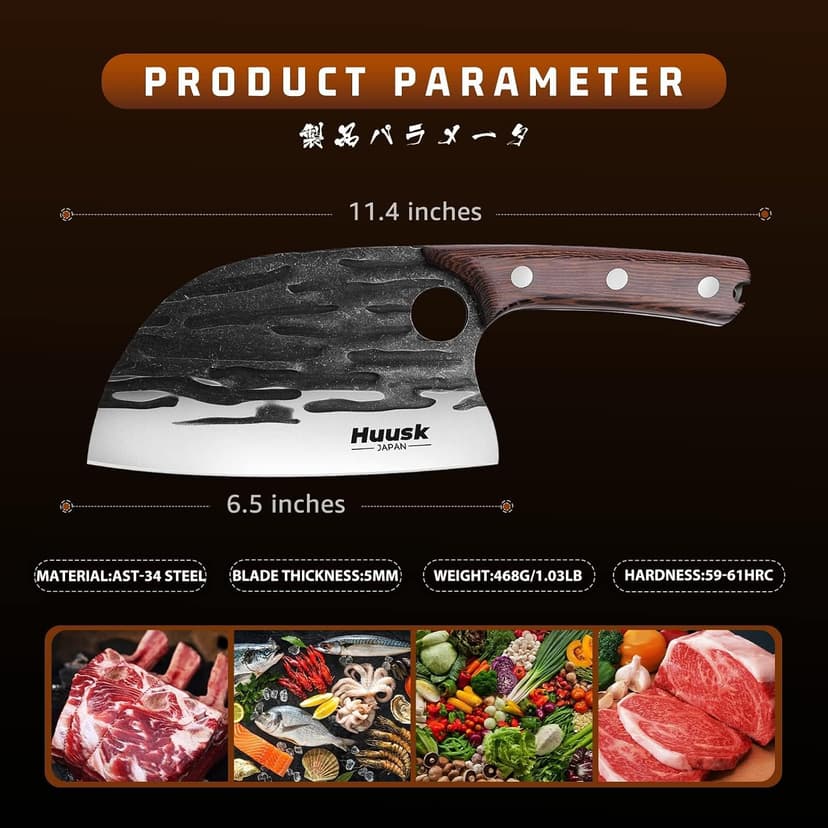 Heavy Duty Serbian Chef Knife for Meat & Bone Cutting, Full Tang Ergonomic Wood Handle, BBQ Camping Gift for Men & Dad Huusk Meat Cleaver Knife with Sheath, Hand Forged Chopping Butcher Knives B0BCVZGPVM
