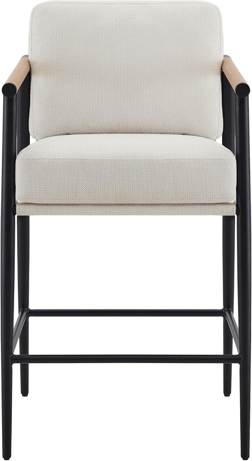 Watson & Whitely Mid Century Modern Barstools Set of 2, 26" H Upholstered Counter Height Bar Stools with Wood Armrests and Metal Legs, Fabric in Beige