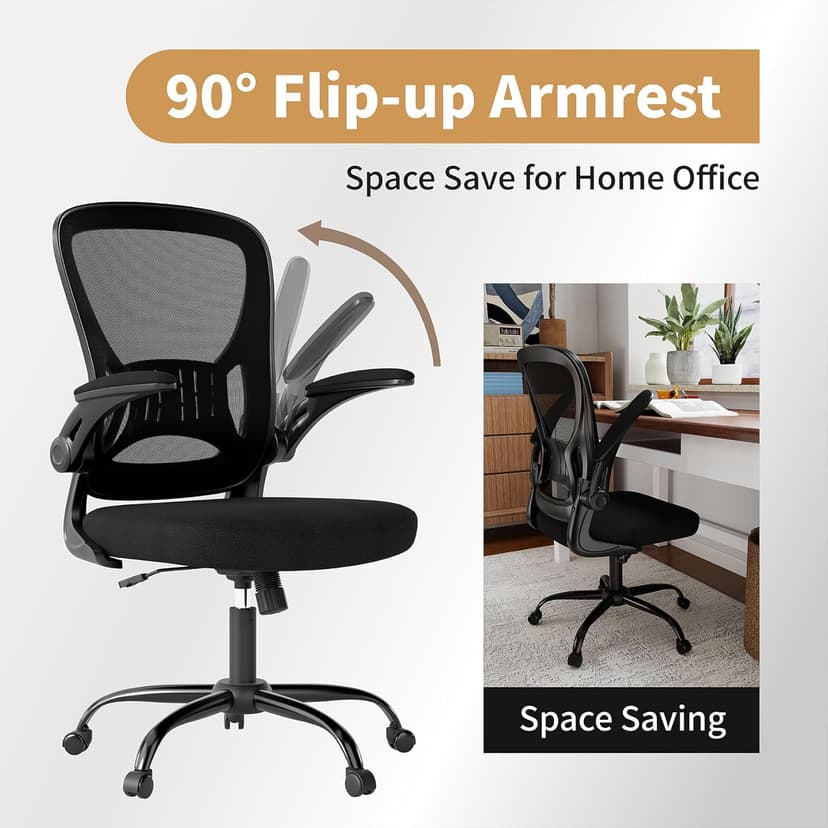 Youhauchair Mesh Office Chair, Ergonomic Home Office Desk Chairs with Flip-up Arms and Lumbar Support, Height Adjustable, Black