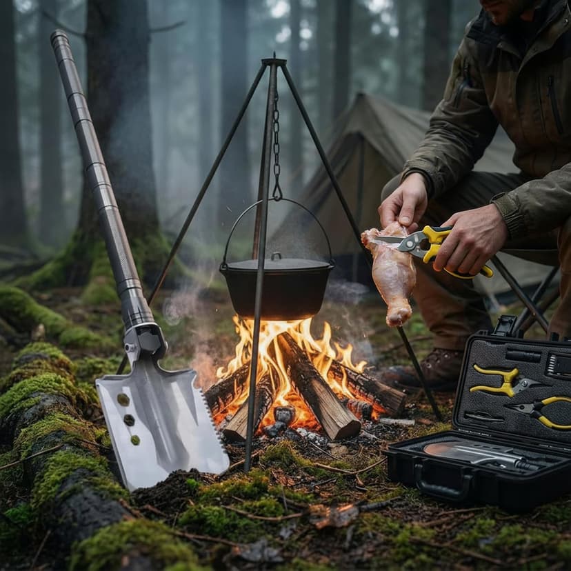 CIRONBOW Folding Camping Shovel Axe Kit，Multifunctional Survival Shovel with Stainless Steel Pickaxe ，pliers,Compass，Locking scissors，Magnetic flashlight- For Camping, Snow, Hiking, Survival Gear