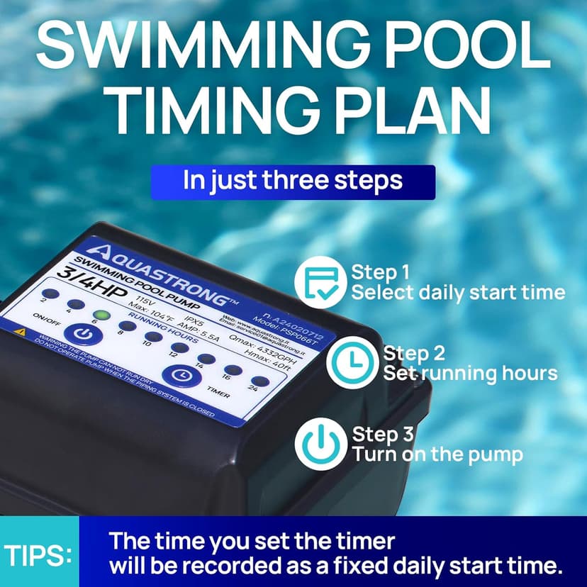 AQUASTRONG Above Ground Pool Pump 115v High Flow 1.25"&1.5''adapter Powerful Self Primming Swimming Pool Pumps with Filter Basket,4332GPH 3/4 HP with Timer