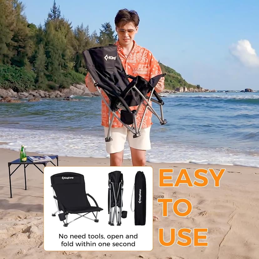 KingCamp Low Beach Chair, High Back Folding Camping Chair for Adults, Oversized Breathable Mesh Seat, 300lbs Heavy Duty Portable Chair with Cup Holder & Storage Pockets for Beach, Outdoor