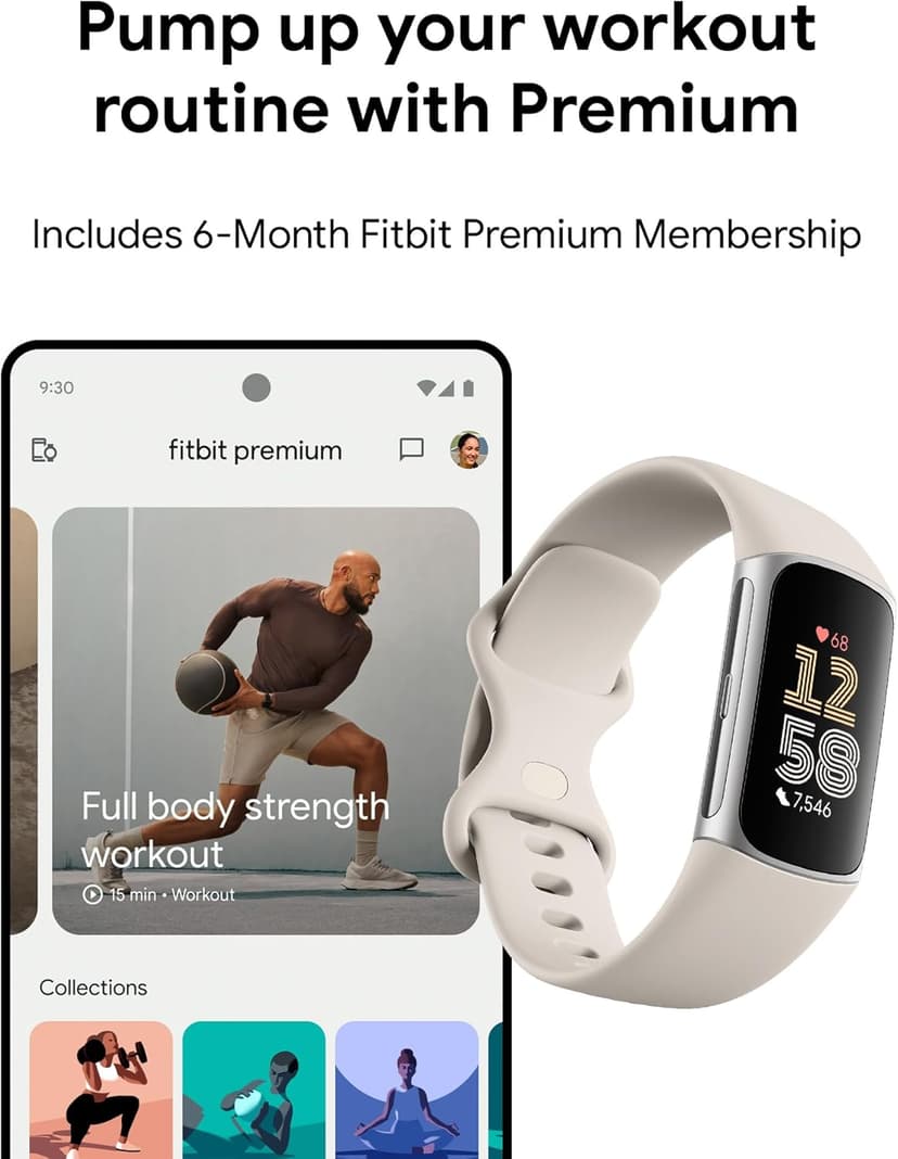 Fitbit Charge 6 Fitness Tracker with Google apps, Heart Rate on Exercise Equipment, 6-Months Premium Membership Included, GPS, Health Tools and More, Porcelain/Silver, One Size (S & L Bands Included)