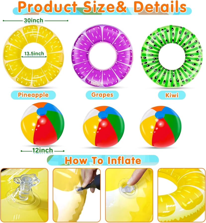 6 Pack Pool Floats Kids, 3 Pcs Inflatable Fruits Swim Tubes Rings & 3 Pcs Rainbow Beach Ball Bulk, Summer Pool Floaties for Kids Adults Swimming Float Toy Hawaiian Party Beach Water Fun Game