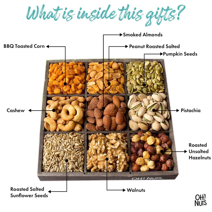 Oh! Nuts 9 Variety Nuts Gift Basket - Healthy Gift Baskets - Gourmet Assorted Nuts Tray - Gift Box for Holiday, Movie Night, Corporate, Families - Gift Ideas for Men and Women B075FWZKWS