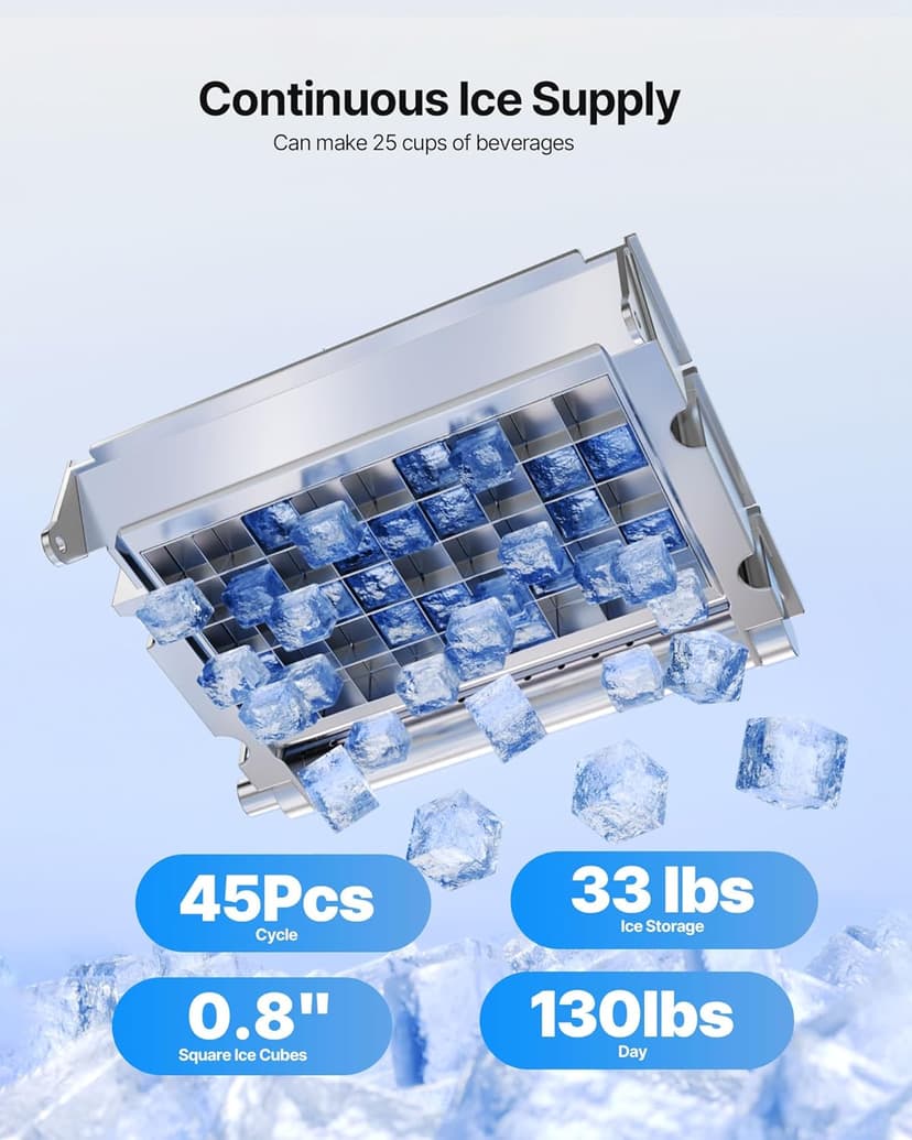 VEVOR Commercial Ice Maker Machine, 130Lbs/24H with 33Lbs Storage, 45 Cubes per Cycle, Stainless Steel Freestanding & Under Counter Ice Maker with LED Display & Self-Cleaning, for Home Bar Restaurant